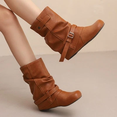 Женщин круглый носок ковбой Western середины икры ботинки скрытые каблуки кожи пряжки ботинки - Изображение 1 из 4