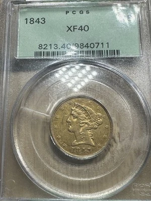 1843 PCGS XF40 $5 Gold Liberty Half Eagle OGH Old Green Holder - Image 1 of 4