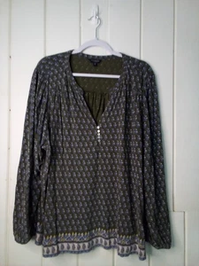 Blusa mujer Lucky Brand 2X manga larga patrón verde azul - Imagen 1 de 16