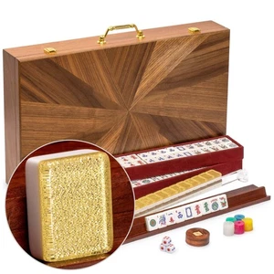 American Mahjong "Golden Fortune" Gold Glitter Tiles Wooden Case US-AF019-B New - Picture 1 of 8