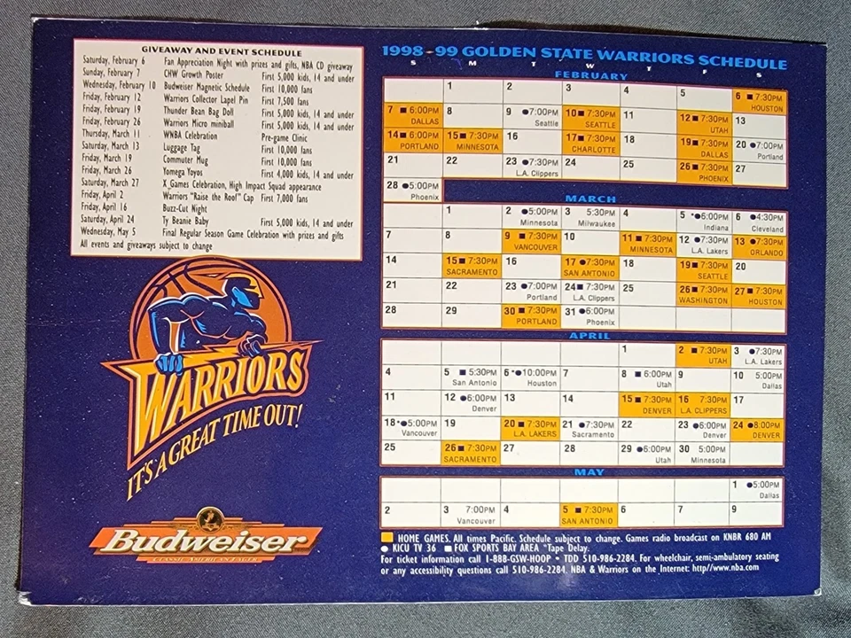 Golden State Warriors 1998–99 Season Schedule Magnet – 5x7 – Great Condition - Image 1 of 1
