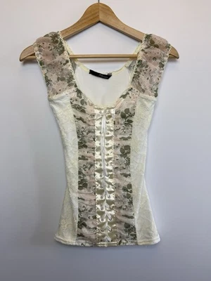 Top estilo bustier Jane Norman UK 10 Y2k crema floral con cordones Foto 1 de 4