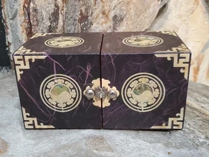 Asian/Korean Brass And Wood Inlay Lacquer Folding Wood Jewelry Box, 4 Drawers 6" - Picture 1 of 14