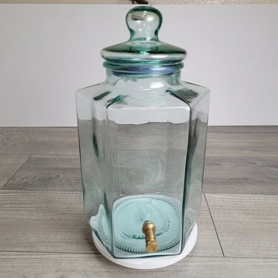 Vintage Green Glass Lemonade Iced Tea Drink Dispenser Brass Spigot Italy 17" - Image 1 of 4