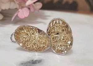 Vtg Estate 14k Yellow & White Gold Italian Earrings Modernist MCM Two Tone Nest - Picture 1 of 18