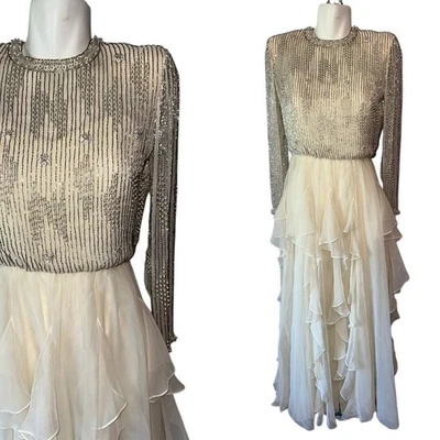 Vestido de novia de colección años 80 Victoria Royal blanco plata con cuentas de gasa talla 8 Foto 1 de 4