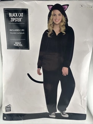 Black Cat Zipster Jumpsuit Kitty Fancy Dress Halloween Adult Plus XXL Costume - Image 1 of 4