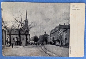 Antique undivided postcard CABOT STREET, BEVERLY MA, people, trolleys - Picture 1 of 2