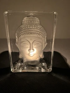 Frosted Buddha Head Heavy Clear Glass Tea Light Votive Candle Holder 5.25” - Picture 1 of 10