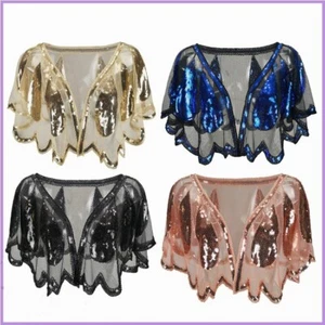 Women Vintage Sequin Cape Sheer Lace Shrug Bolero Shawl Evening Prom Cardigan - Picture 1 of 21