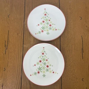 Crate & Barrel Snowflake Christmas Tree Plates 7" Holiday Salad Dessert Set of 2 - Picture 1 of 4