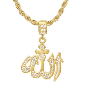 Men's Gold Plated CZ Iced Allah Sign Pendant 20" Rope Chain Necklace HC 1137 G - Picture 1 of 3