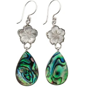 925 Sterling Silver Flower Mother Of Pearl Shell Paua Abalone Earring, 1 5/8" - Picture 1 of 2