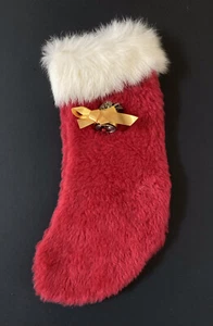 Vintage Real Fur RED Christmas Stocking Santa Sock Fleece Material 14” X 6” - Picture 1 of 9