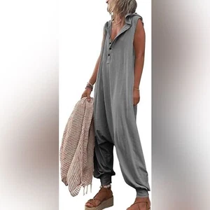Sommer Freizeit Jumpsuit mit Kapuze Overall Relaxed Fit Grau XL - Bild 1 von 5