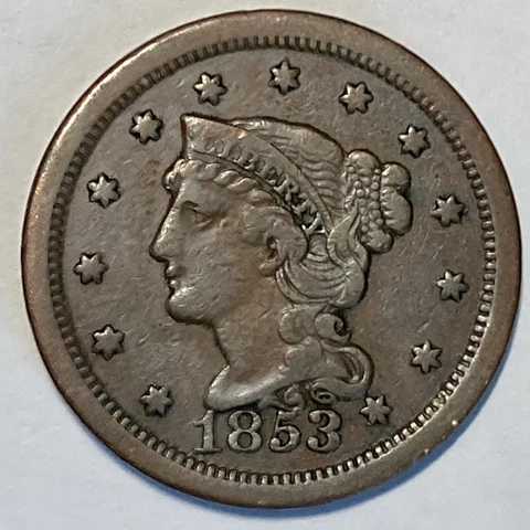 VF 1853 Braided Hair Large Cent -Very Fine -US Type Coin- Coin Shown Ships LT# 1 Cover