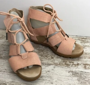 Sorel Joanie II Lace Up Gladiator Wedge Sandals Pink Suede Women Sz 9.5 - Picture 1 of 12