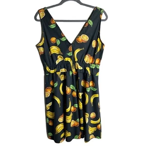 Lumina Women's Sun Dress Size M Black Fruit Print Sleeveless Fit & Flare V-Neck - Picture 1 of 9