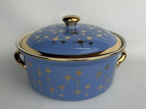 Vintage Hall's Blue & Gold Starburst Casserole Dish MCM Atomic Kitchenware Nice! - Picture 1 of 8