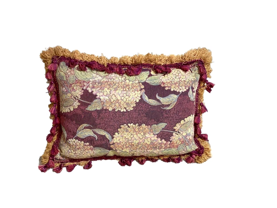 Gorgeous Vintage Aubusson Fringe Throw Pillow Embroidered Red Gold Velvet Back - Image 1 of 4