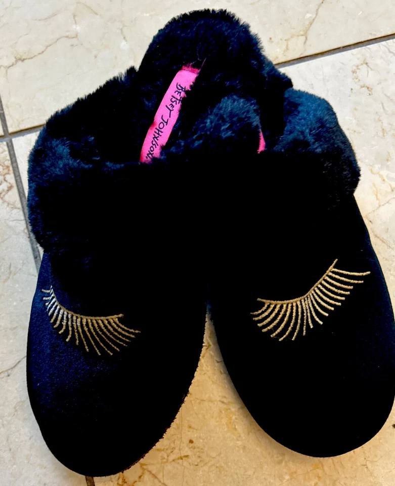 BETSEY JOHNSON “Lash” Talla Zapatilla deslizante de terciopelo negro 7/8 suela antideslizante con ribete sintético Foto 1 de 4