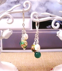 Beautiful Sterling Silver Jade, Pearl & Cloisonne Lever Back Dangle Earrings F78 - Picture 1 of 2