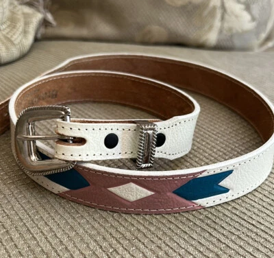 Brazos Joe Belt Women Southwest Pink White Leather Aztec Belt Size 32 Western - Image 1 of 4