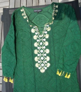 Hemant and Nandita Green Dress Kaftan Gown Exotic North African Gold Trim SMALL - Picture 1 of 22