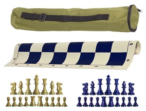 Archer Single Weight Chess Set - Vinyl Board w/ Pieces & Bag - Khaki Gold Navy - Picture 1 of 5