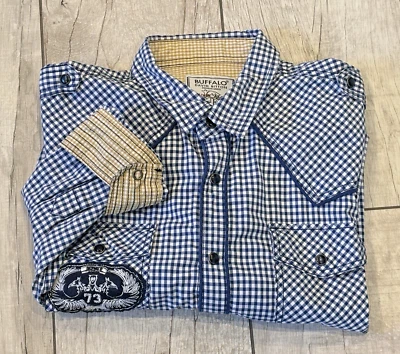 Camisa Buffalo David Bitton Premium Talla L Perla Azul A Presión Cuadros Clásica Occidental Foto 1 de 4