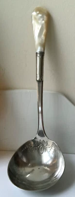 Silver Plate Ladle  Sterling Collar Mother of Pearl Handle  Engraved Design 6.5” - Image 1 of 4