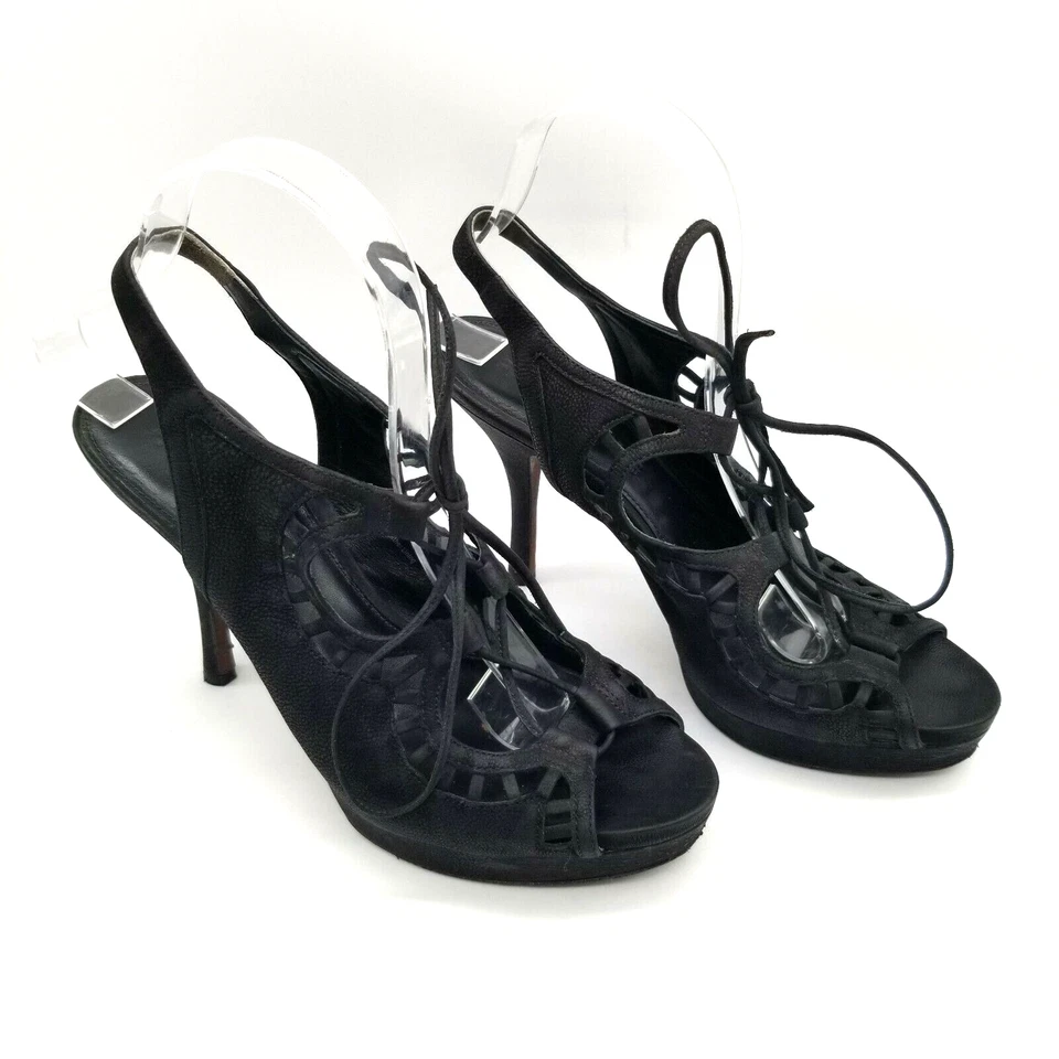 Vera Wang Womens Black Leather Peep Toe Slingback Kitten Heels Size 8.5 M - Image 1 of 4
