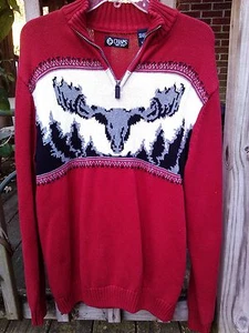 MENS SWEATER CHAPS 1/2-ZIP MOOSE DEER ELK  X  MAS red  size L - Picture 1 of 6