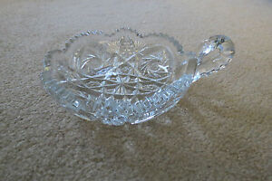 Vtg. Cut Glass Nappy Dish With Ornate Handle Pinwheel-Fan-Star Sawtooth Rim (u)