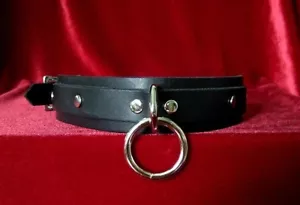 Black Leather Collar, With One Heavy Nickel Plated Ring And D Ring - Picture 1 of 3