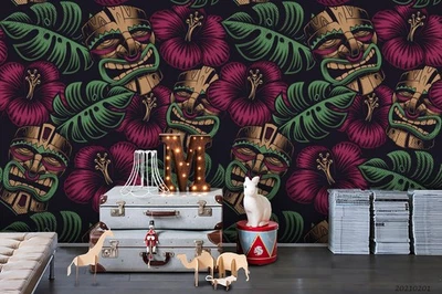 Pegatina de pared con patrón de máscara de hoja de hibisco 3D papel tapiz murales Foto 1 de 4