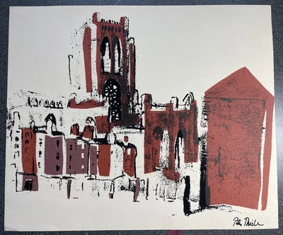 Peter Thiele *1938 Holzschnitt Südlich Stadtszene mit Turm - Bild 1 von 4