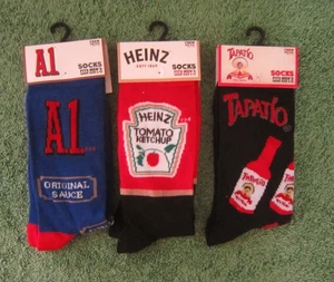 3 Pair Decorative Crew Socks Mens Size 6-12 Heinz Ketchup Tapatio,A-1 Sauce - Picture 1 of 2
