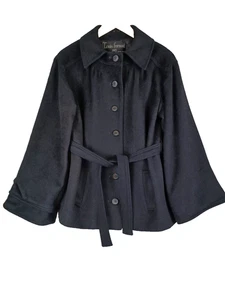 VTG Louis Feraud Paris Belted Wool Coat Size 12/14 Black Andre Peters Pleated - Picture 1 of 13