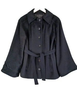 VTG Louis Feraud Paris Belted Wool Coat Size 12/14 Black Andre Peters Pleated - Image 1 of 4