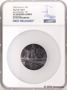 2024 Cook Islands Silver $5 San Francisco Big City Lights NGC PR70 First Release - Picture 1 of 2