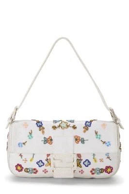 Fendi White Floral Embellished Python Baguette - Image 1 of 4