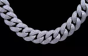 Sterling Silver Heavy Cuban Chain Link Cubic Zirconia Men's Necklace - Picture 1 of 6