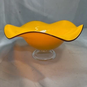 Ruffled Orange Yellow Art Glass Pedestal Compote Console Bowl Candy Dish 9.5" - Picture 1 of 6