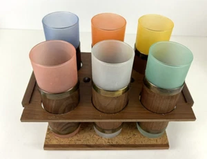 6 Siesta Ware Tiki Bar Frosted Glasses Wrapped In Wood With Drink Tray Vinrage - Picture 1 of 17