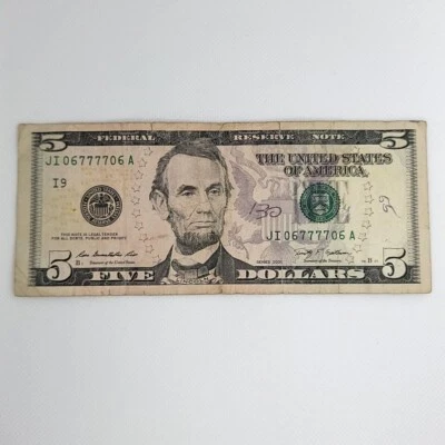 $5 FRN, District I9, Fancy SN, Double Bookend, Quad, Lucky 7, F/VF, Gift   FN519 - Image 1 of 4