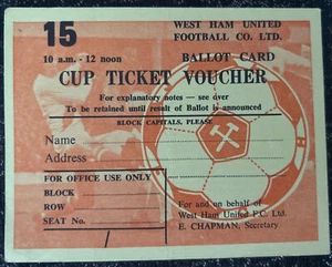 Original 1960s Cup Ticket Voucher West Ham United Match Ticket Stub Football - Picture 1 of 4