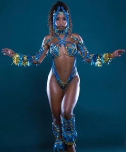 Caribbean Carnival Costume Monday Wear Brazil Blue Gold Women Samba Sexy - Picture 1 of 14