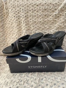 Stonefly Olbia Tessuta Wedge Shoes Black w/Brushed Silver trim W Sz 9/40  - Picture 1 of 3