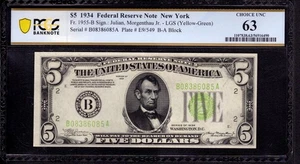 1934 $5 FEDERAL RESERVE NOTE NEW YORK FR.1955-B LIGHT GREEN SEAL PCGS B CU 63 - Picture 1 of 2
